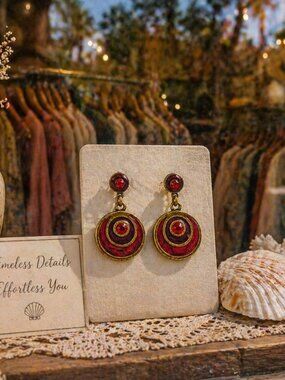 Retro Brass Burgundy Swirl Dangle Earrings Coastal Chic